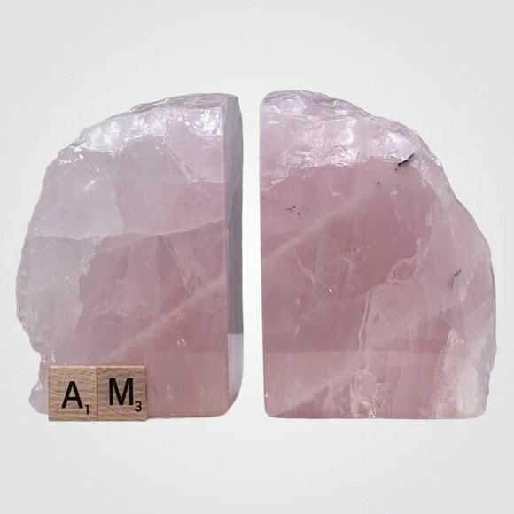 Pink Crystal Bookends Rose Quartz Stone w Natural Black Tourmaline Markings (AM) - Picture 9 of 10